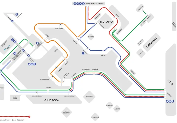 Carte des transports en commun de Venise, montrant les lignes de vaporetto et les arrêts, y compris alilaguna venise.