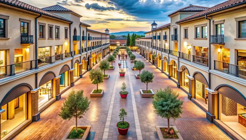 Allée d'un **outlet en Italie** bordée de boutiques élégantes, d'arbres en pots et éclairée par des lumières chaudes au crépuscule.