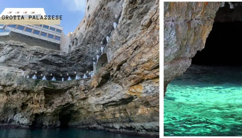 Grotta Palazzese, un restaurant spectaculaire à Polignano a Mare, niché dans une grotte avec vue sur la mer turquoise.