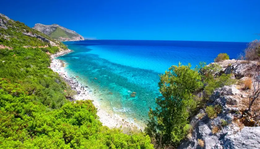 Vue panoramique de la côte de **Sardaigne Cala Gonone**, avec ses eaux turquoise cristallines, sa plage de galets et sa végétation luxuriante.