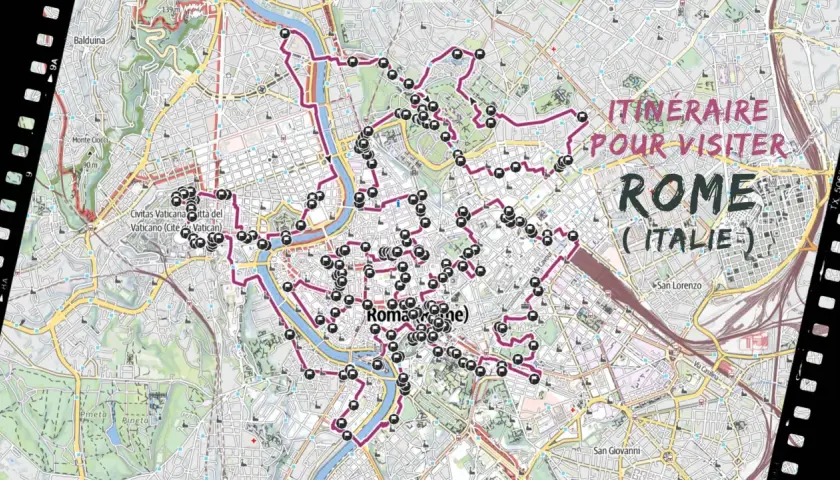 Carte de Rome avec un itinéraire suggéré pour les visites, marqué par des points noirs et une ligne violette. L'image inclut le texte "Itinéraire pour visiter Rome (Italie)".