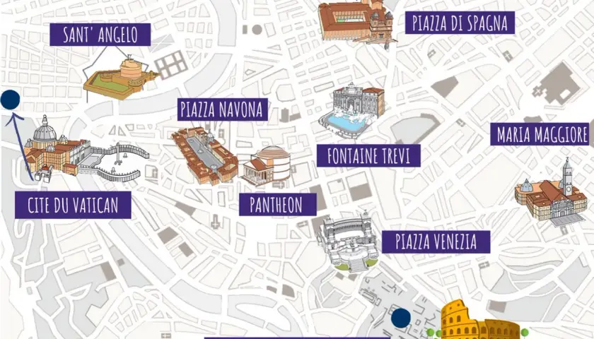 Carte de Rome illustrant les sites incontournables : Cité du Vatican, Fontaine de Trevi, Colisée, et plus.