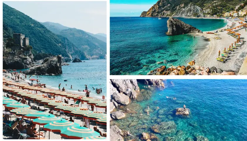 Plage animée et eaux cristallines, parfaites pour des vacances à Cinque Terre. Des parasols colorés et des rochers émergent de la mer.