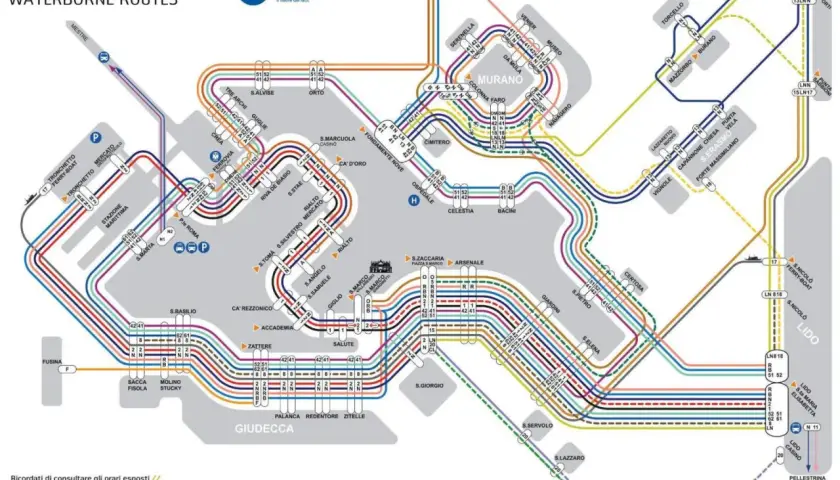 Carte des lignes de vaporetto à Venise, incluant Murano et les îles environnantes.
