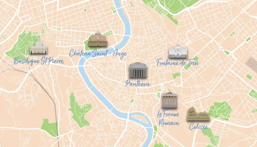Carte de Rome montrant la distance entre le Vatican (Basilique St Pierre) et le Colisée, avec d'autres monuments.