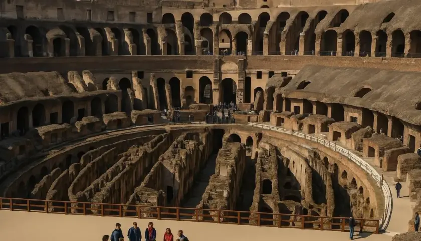 Vue intérieure du Colisée à Roma, vestiges antiques et touristes explorant ce site historique.