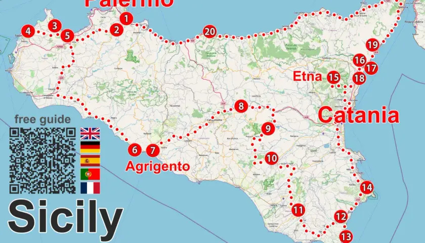 Carte de la Sicile pour un road trip. Itinéraire suggéré de Palerme à Catane, en passant par Agrigente et l'Etna.