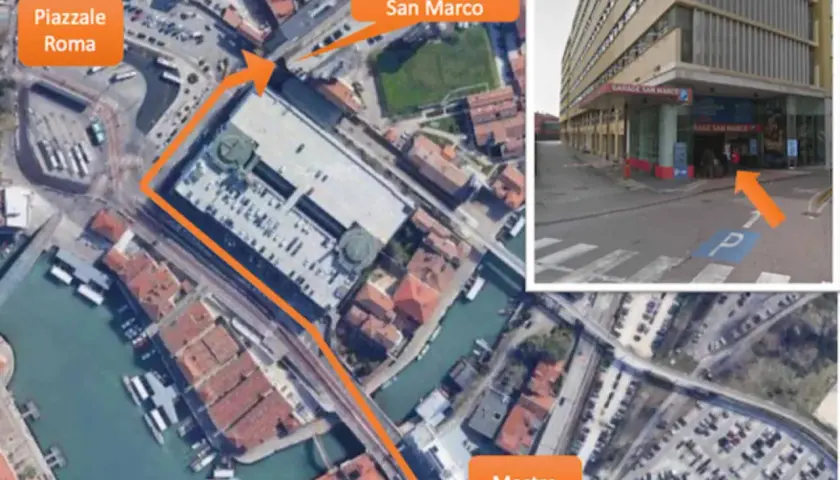 Itinéraire pour se garer à Venise en voiture, de Mestre à Piazzale Roma, puis au Garage San Marco.