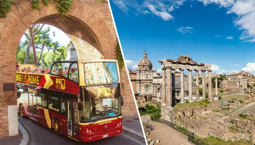 Un bus à impériale rouge "Big Bus Rome" traverse une arche antique, offrant une vue sur le Forum Romain.