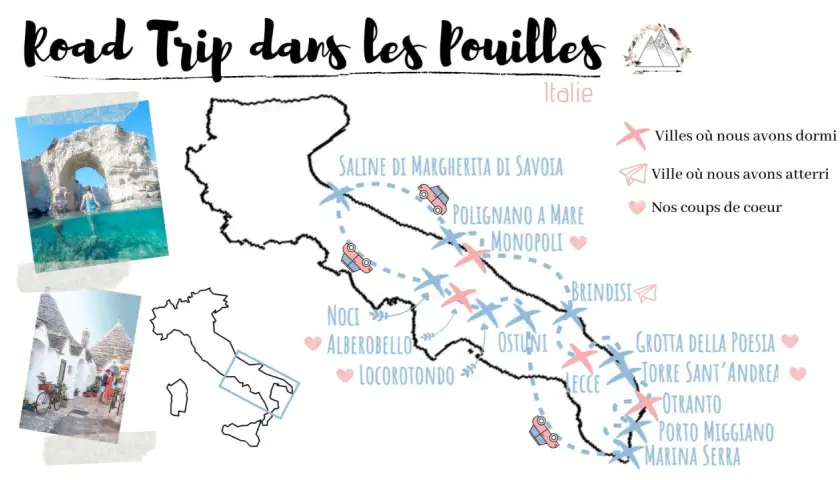Carte d'un road trip dans les Pouilles, Italie, avec des photos de grottes marines et de trulli. Itinéraire jalonné de villes, de lieux de séjour et de coups de cœur.