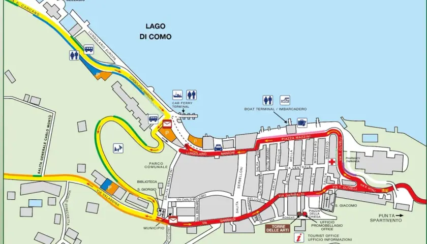 Carte de Bellagio, montrant les routes, le lac de Côme, le terminal de ferry et les points d'intérêt. Idéal pour planifier votre visite en voiture.