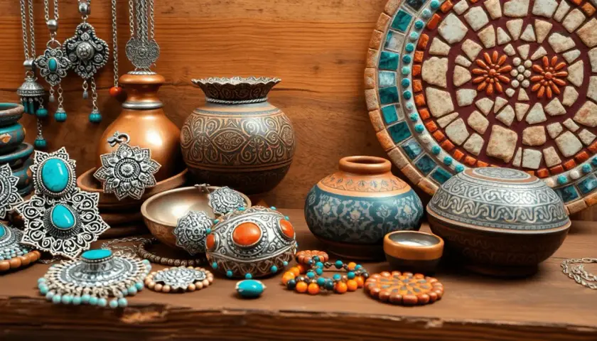 Bijoux et poteries ornées, reflets de l'artisanat des Pouilles. Des colliers, boucles d'oreilles et bracelets aux motifs complexes, aux côtés de vases décorés.