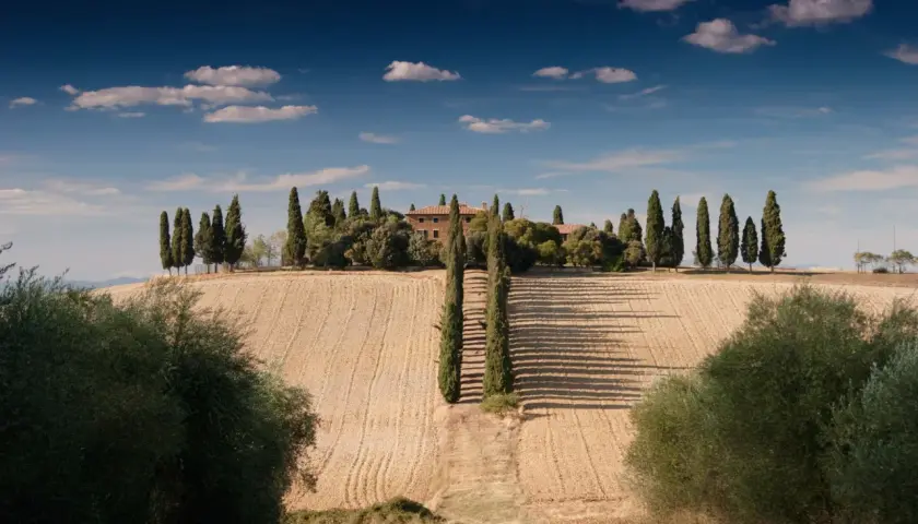 Dom toscano immerso nel verde, un sogno di agriturismo in Italia. Cipressi e campi dorati sotto un cielo azzurro.