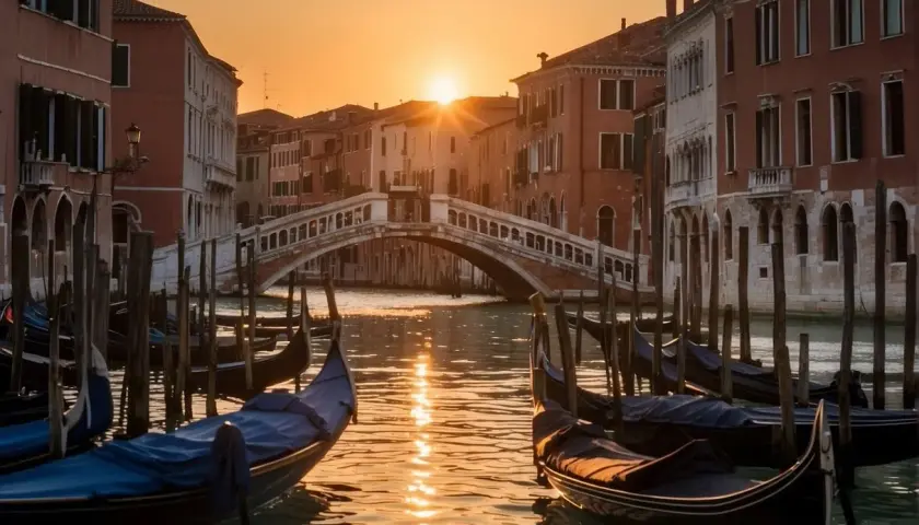 Gondoles amarrées sur un canal vénitien au coucher du soleil, avec un pont en arrière-plan.