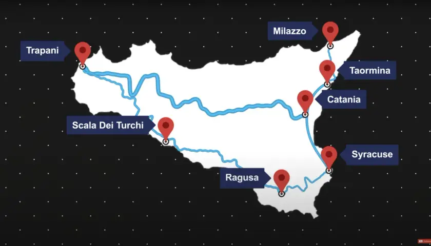 Carte de la Sicile montrant un itinéraire pour un road trip italie 2 semaines, de Trapani à Syracuse en passant par Scala dei Turchi, Ragusa, Catane, Taormina et Milazzo.