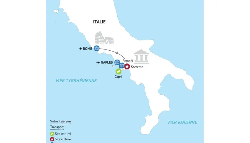 Carte d'un itinéraire de Rome en 5 jours, incluant Naples, Pompéi, Sorrente et Capri.