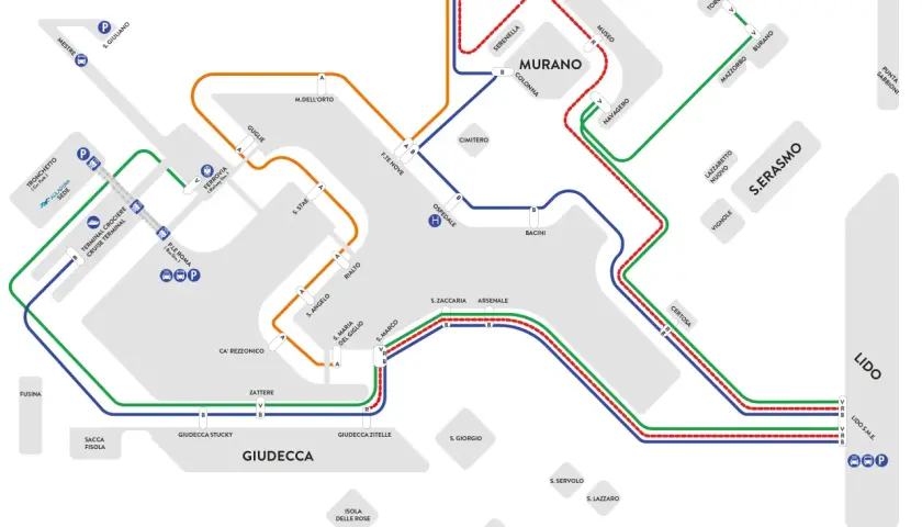 Carte des transports en commun de Venise, montrant les lignes de vaporetto et les arrêts, y compris alilaguna venise.