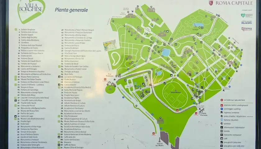 Plan général de la Villa Borghese, idéal pour une visite. Découvrez les fontaines, monuments et musées de ce parc romain.