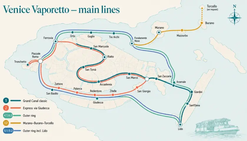 Carte des lignes de vaporetto à Venise. Pour savoir comment aller à Murano et Burano depuis Venise, prenez la ligne 12.