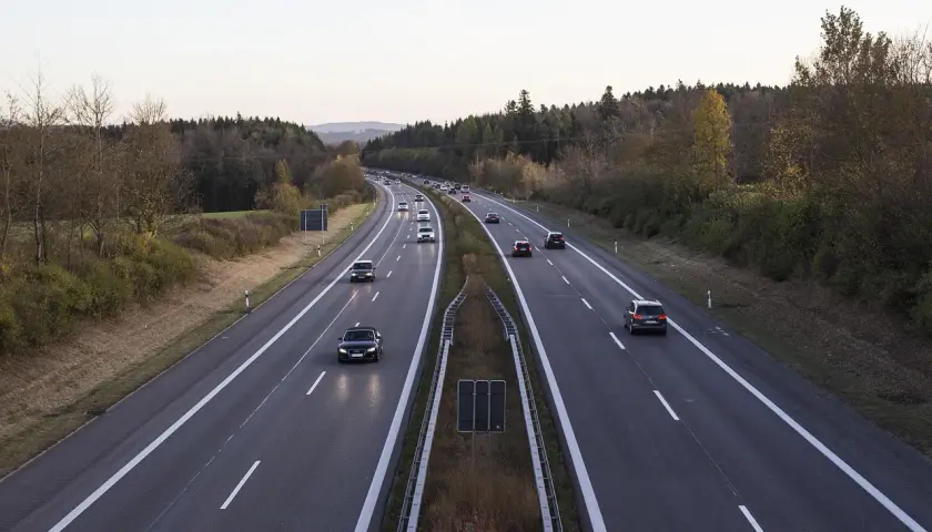Voiture circulant en Italie sur une autoroute bordée d'arbres aux couleurs d'automne.