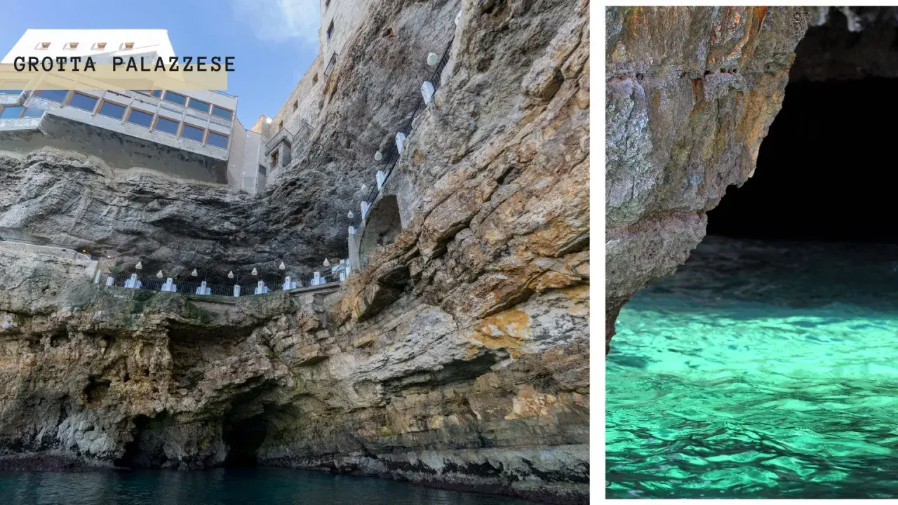 Grotta Palazzese, un restaurant spectaculaire à Polignano a Mare, niché dans une grotte avec vue sur la mer turquoise.