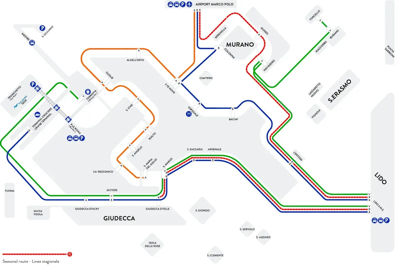 Carte des lignes de vaporetto Alilaguna à Venise. La linea blu Alilaguna dessert l'aéroport Marco Polo et Murano.