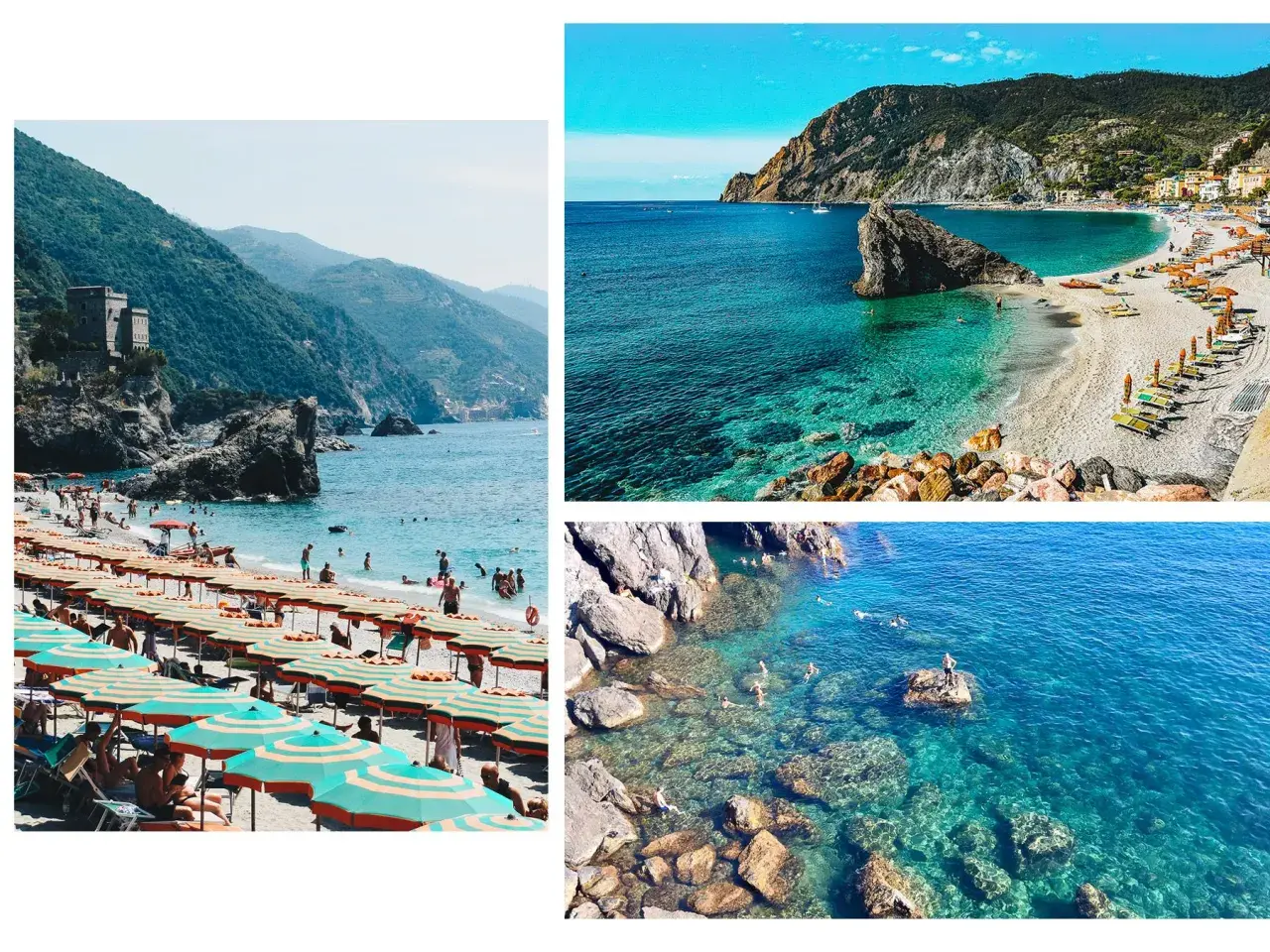 Plage animée et eaux cristallines, parfaites pour des vacances à Cinque Terre. Des parasols colorés et des rochers émergent de la mer.
