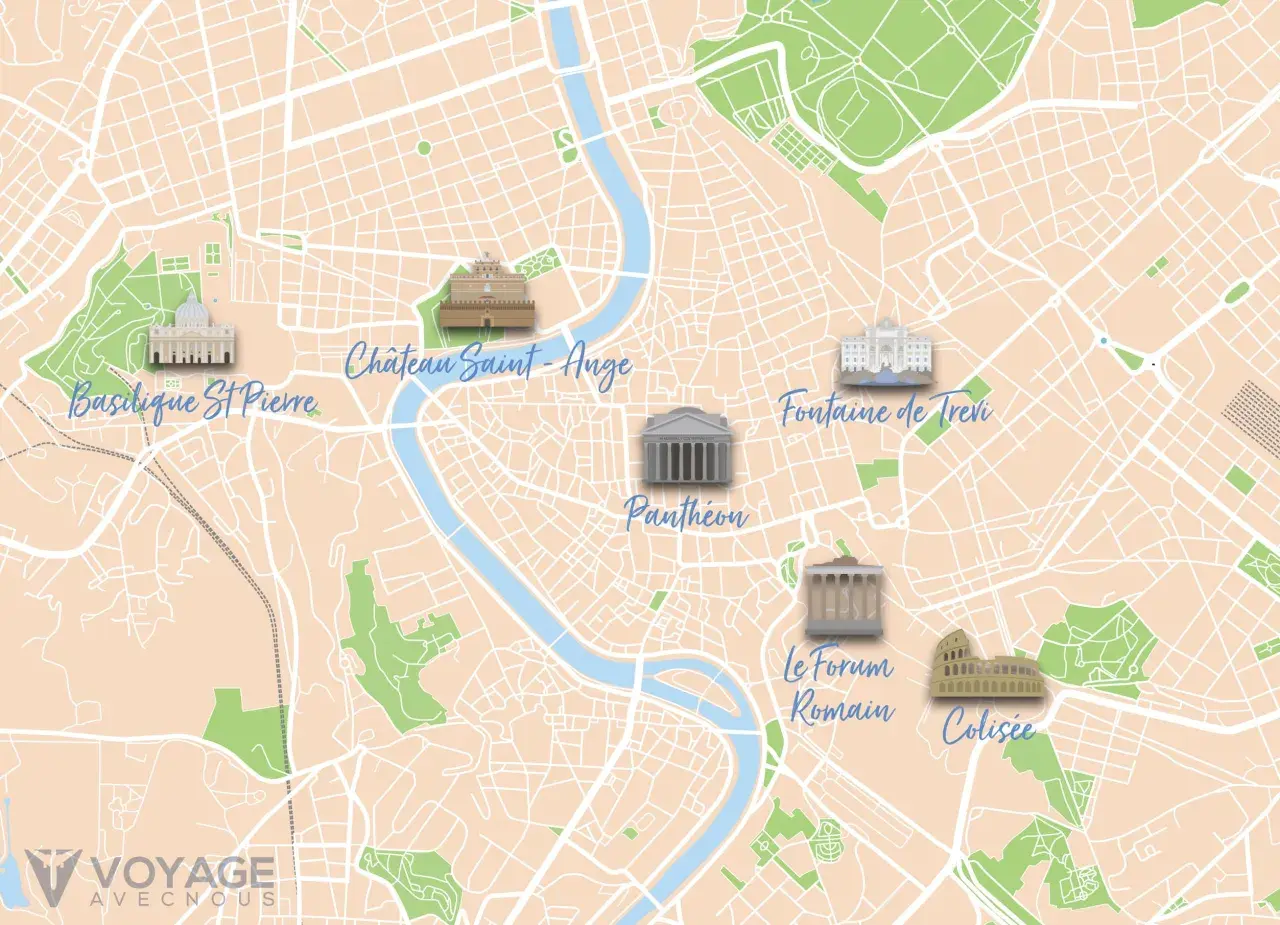 Carte de Rome montrant la distance entre le Vatican (Basilique St Pierre) et le Colisée, avec d'autres monuments.