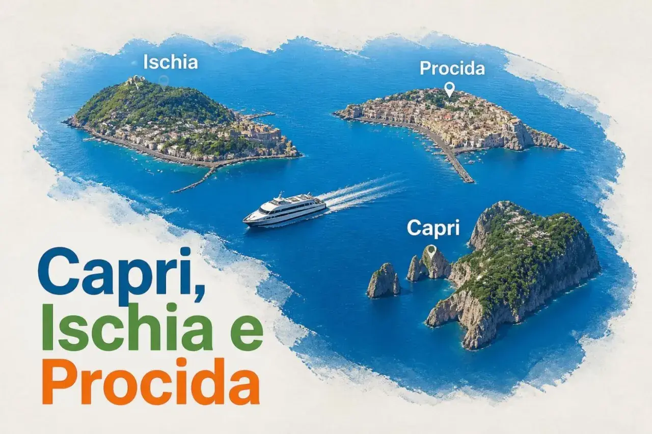 Vue aérienne des îles de Capri, Ischia et Procida dans la baie de Naples. Un bateau navigue entre elles.