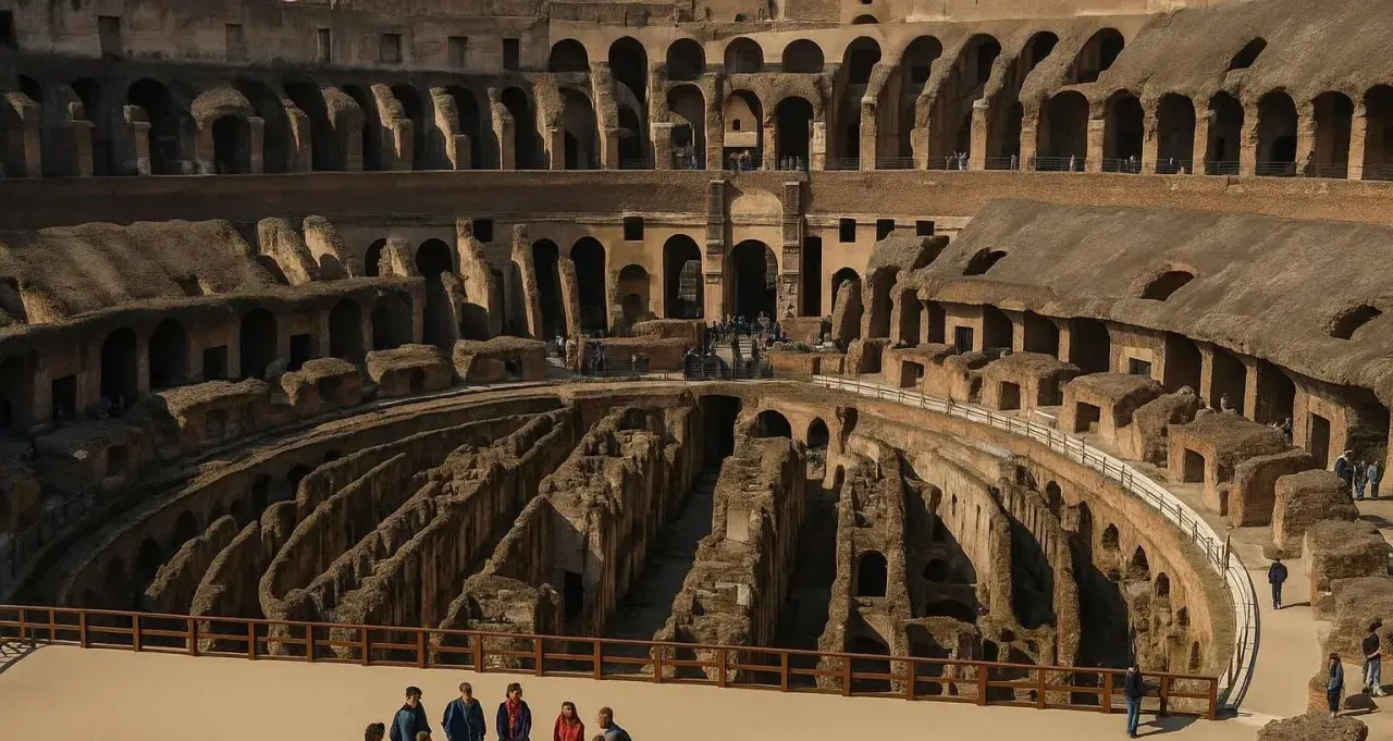 Vue intérieure du Colisée à Roma, vestiges antiques et touristes explorant ce site historique.