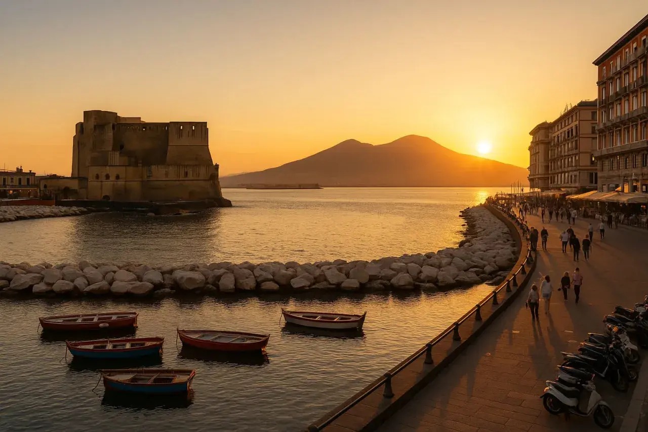 Coucher de soleil à Naples, avec le Vésuve en arrière-plan. La distance Rome-Naples en voiture est une belle escapade.