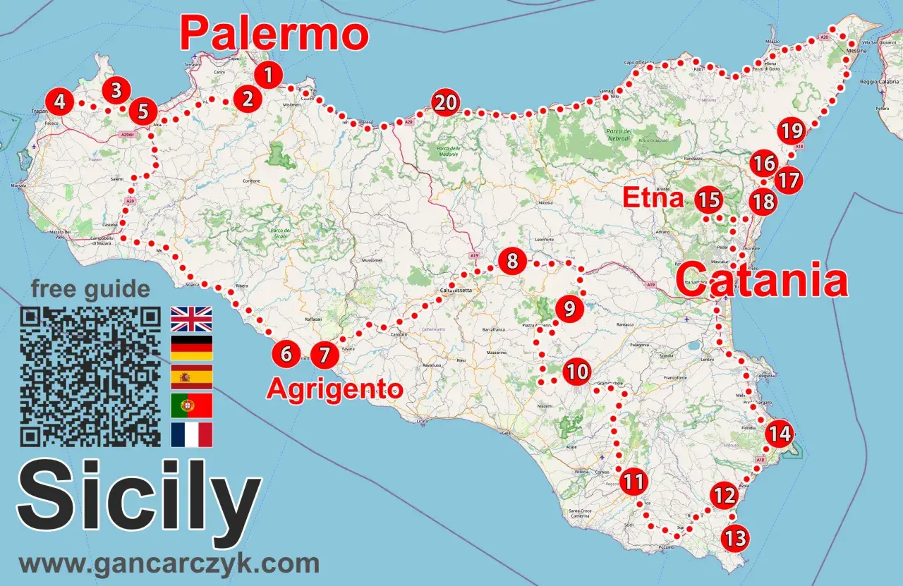 Carte de la Sicile pour un road trip. Itinéraire suggéré de Palerme à Catane, en passant par Agrigente et l'Etna.