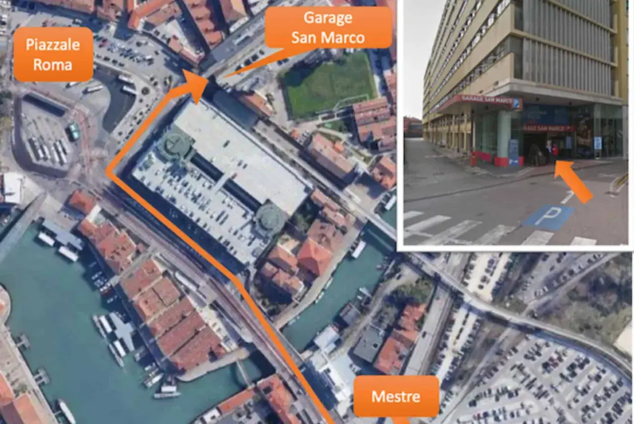 Itinéraire pour se garer à Venise en voiture, de Mestre à Piazzale Roma, puis au Garage San Marco.