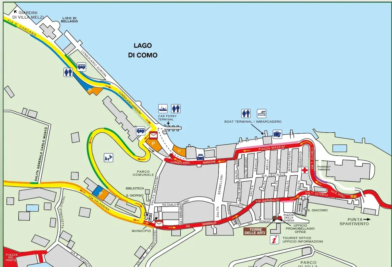 Carte de Bellagio, montrant les routes, le lac de Côme, le terminal de ferry et les points d'intérêt. Idéal pour planifier votre visite en voiture.