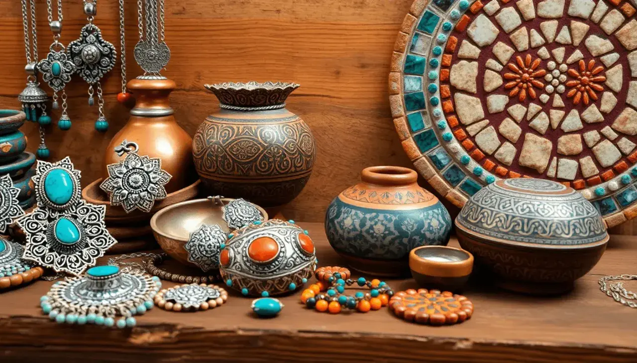 Bijoux et poteries ornées, reflets de l'artisanat des Pouilles. Des colliers, boucles d'oreilles et bracelets aux motifs complexes, aux côtés de vases décorés.