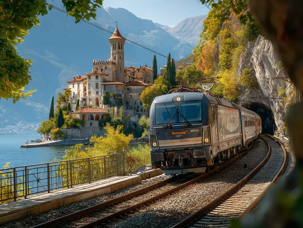 Un train moderne quitte un tunnel pour admirer un château pittoresque au bord d'un lac, une invitation à aller en Italie en train.