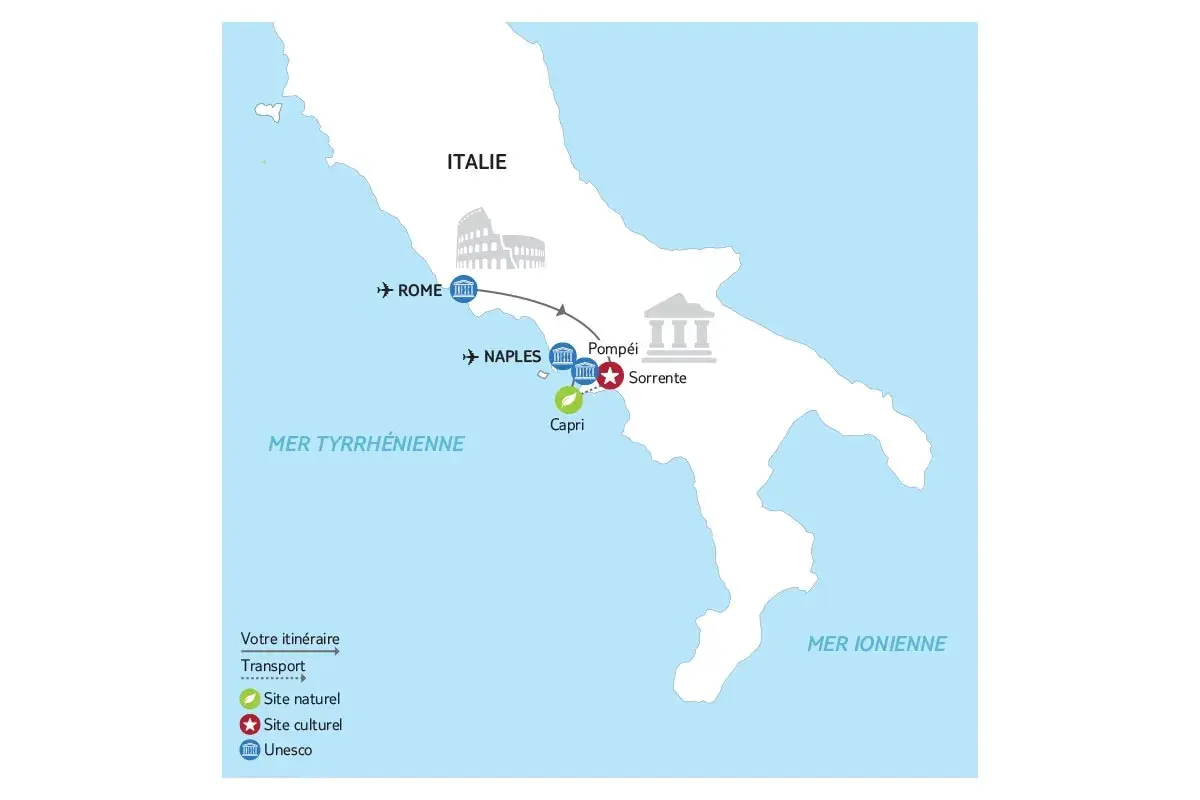 Carte d'un itinéraire de Rome en 5 jours, incluant Naples, Pompéi, Sorrente et Capri.