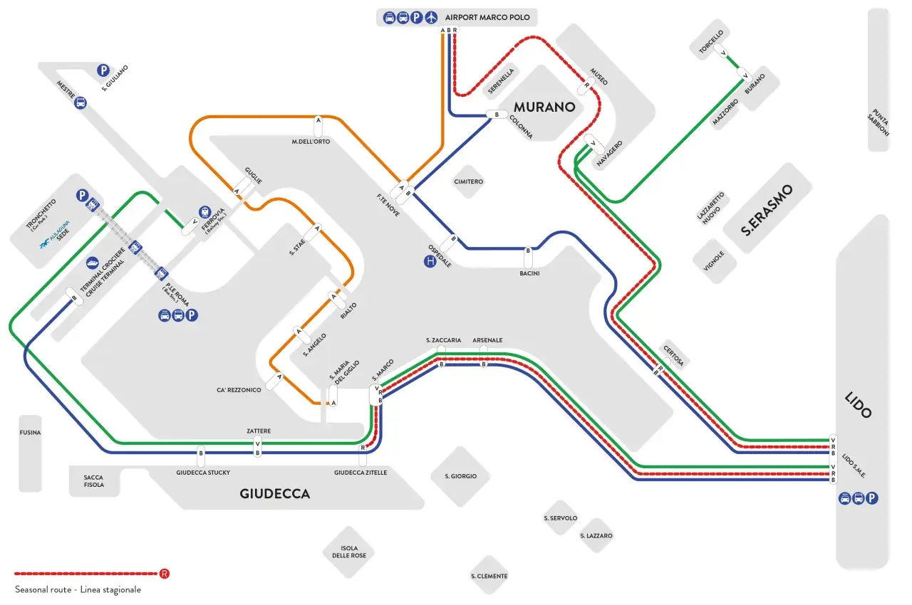 Carte des transports en commun de Venise, montrant les lignes de vaporetto et les arrêts, y compris alilaguna venise.