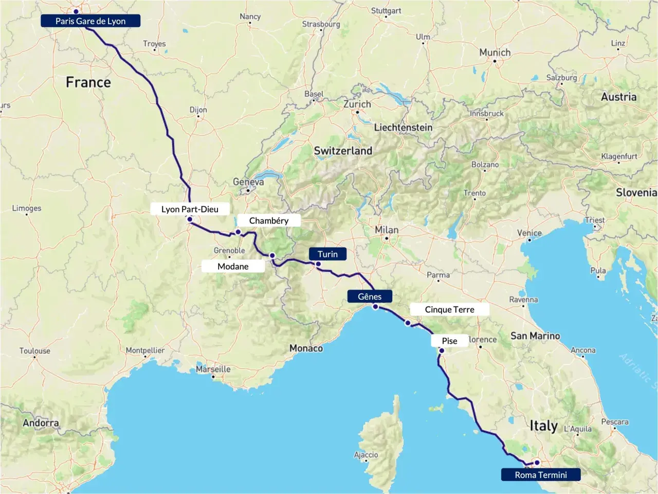 Carte montrant un itinéraire en train de Paris à Rome, passant par Lyon, Turin, Gênes et Florence.