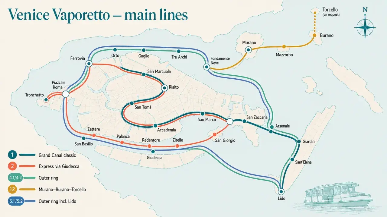 Carte des lignes de vaporetto à Venise. Pour savoir comment aller à Murano et Burano depuis Venise, prenez la ligne 12.