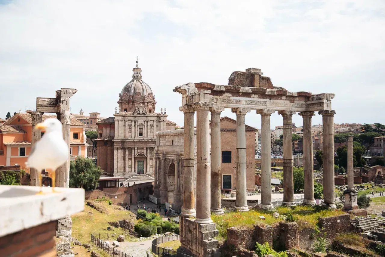 Un goéland observe les ruines antiques du Palatin à Rome, avec une église à dôme en arrière-plan.