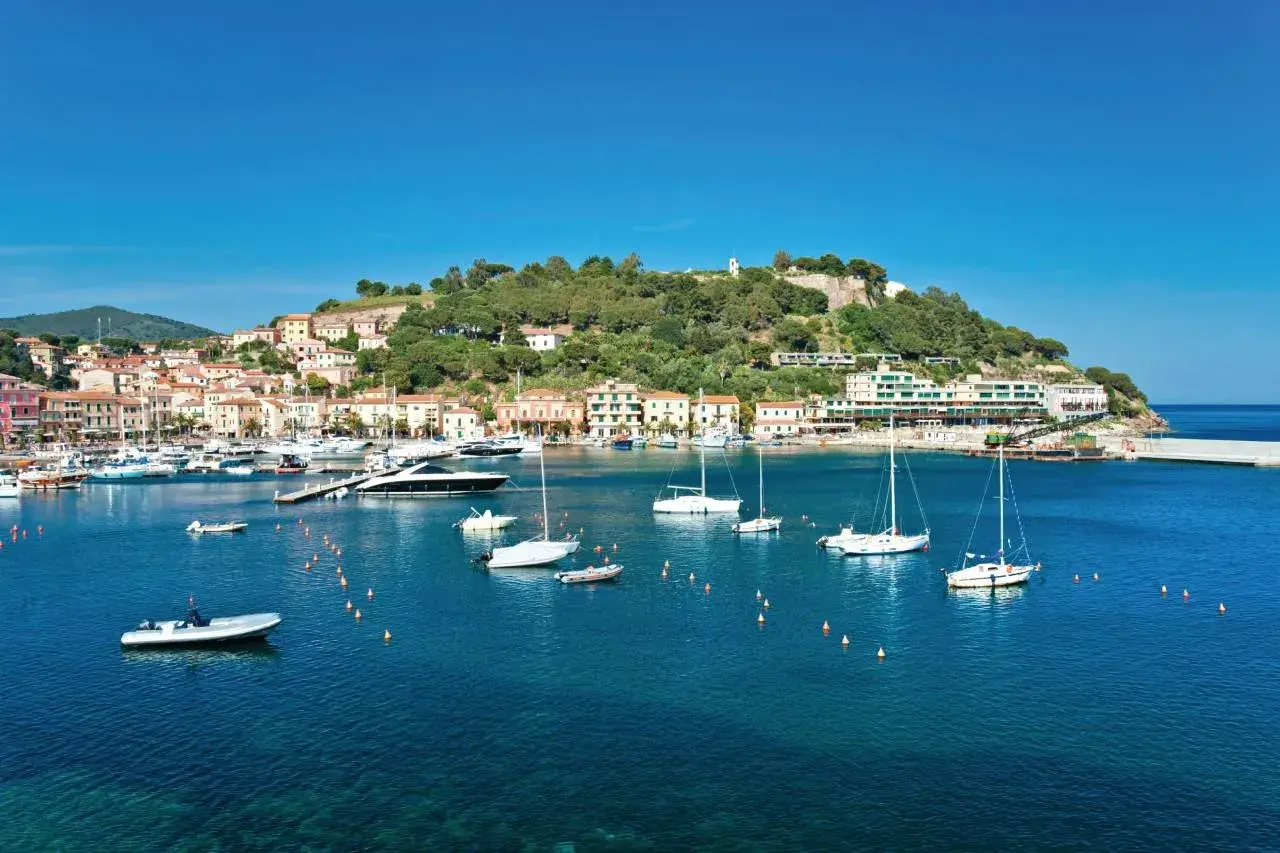 Vue panoramique de Porto Azzurro, avec ses maisons colorées, sa colline verdoyante et son port animé rempli de voiliers et de bateaux.