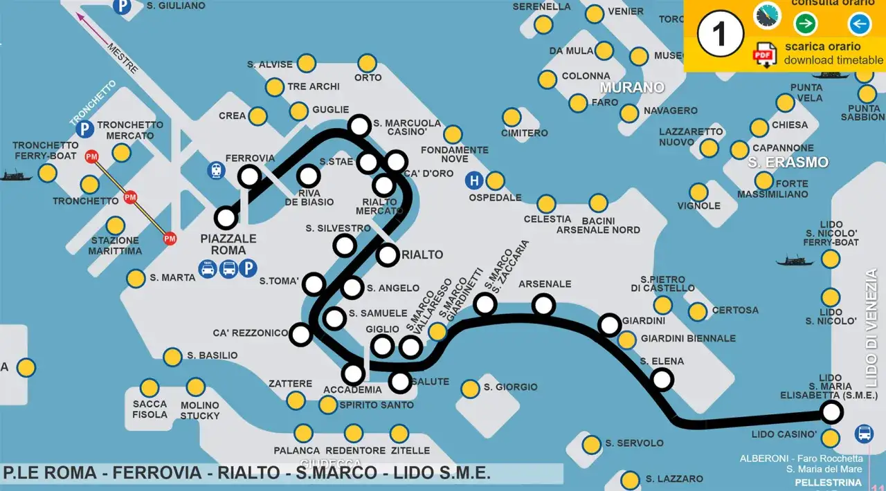 Carte du réseau de vaporetto de Venise, montrant les arrêts de P.le Roma à Lido S.M.E. et au-delà.