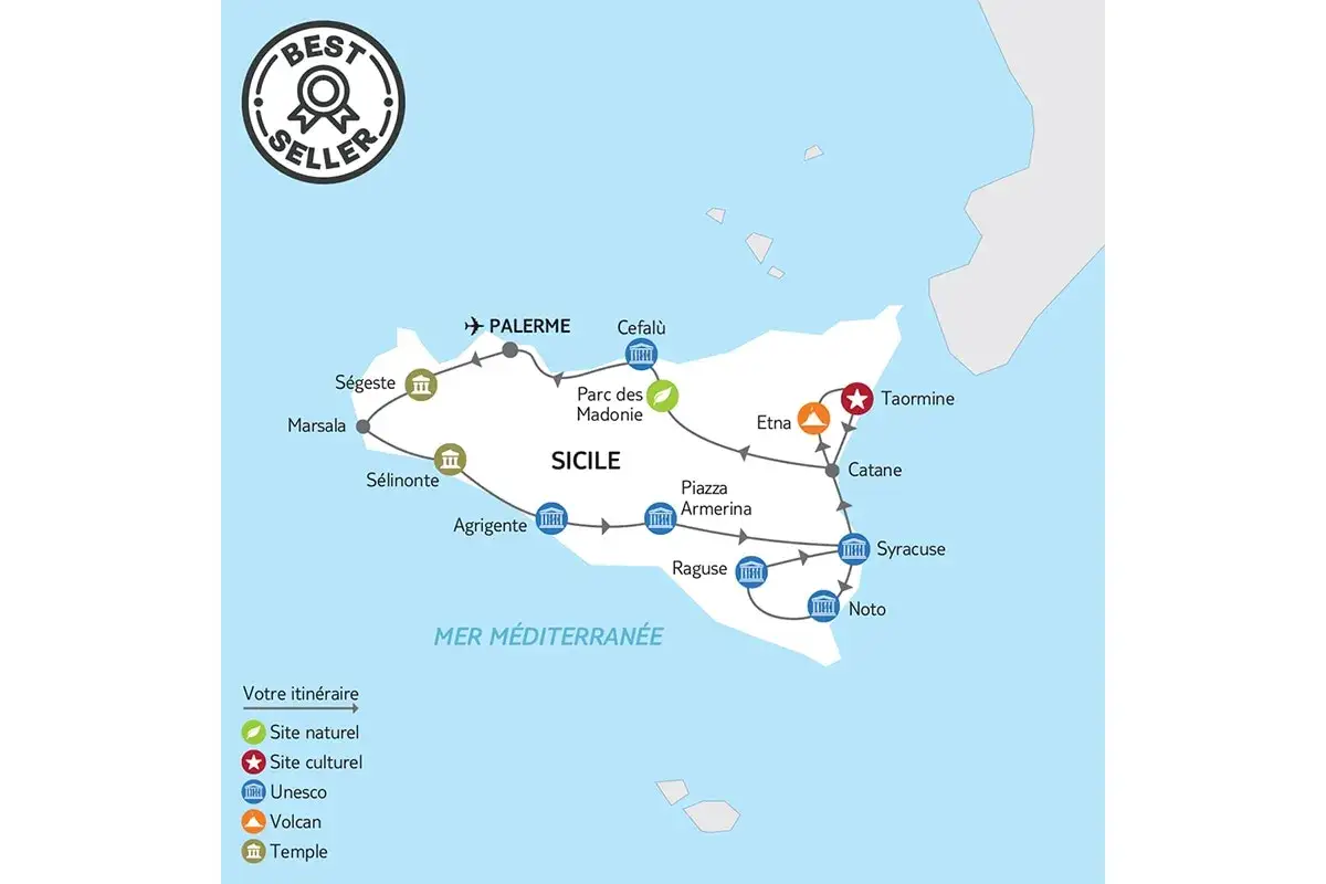 Carte d'un road trip en Sicile, incluant Palerme, l'Etna, Taormine et Syracuse, avec des sites naturels et culturels.