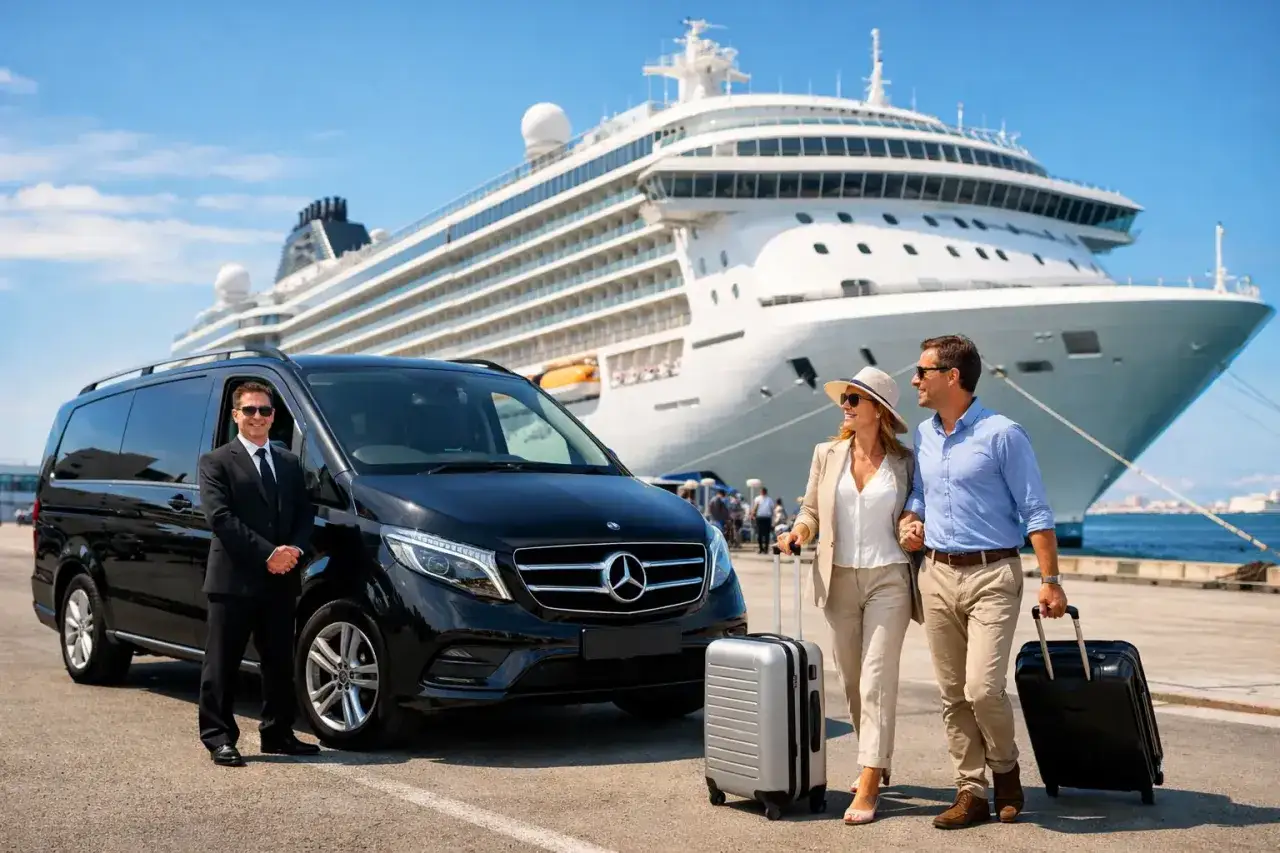 Un couple arrive au port de Civitavecchia, accueilli par un chauffeur devant un luxueux monospace et un immense paquebot de croisi&egrave;re.