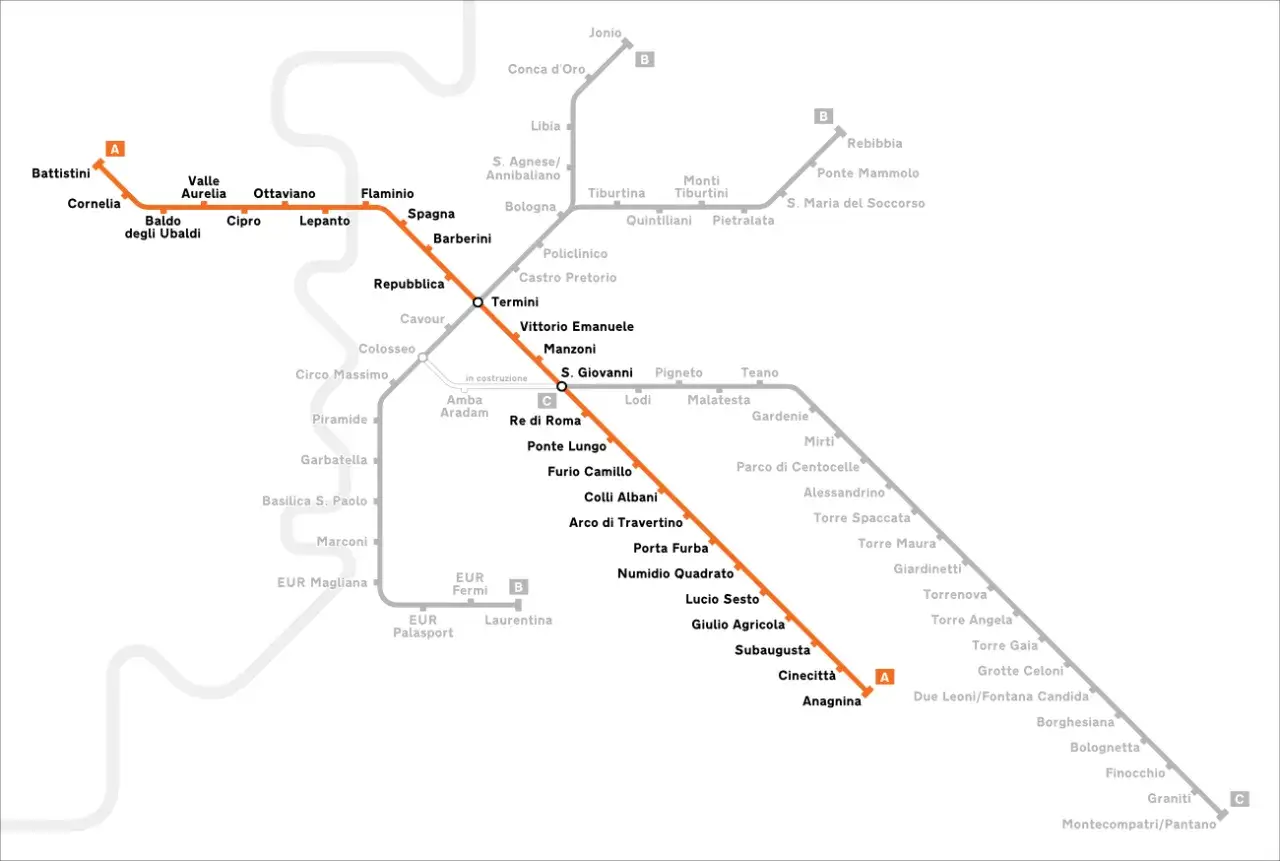 Carte du métro de Rome, montrant les lignes A, B et C, avec les stations principales comme Termini, Colosseo et Battistini.