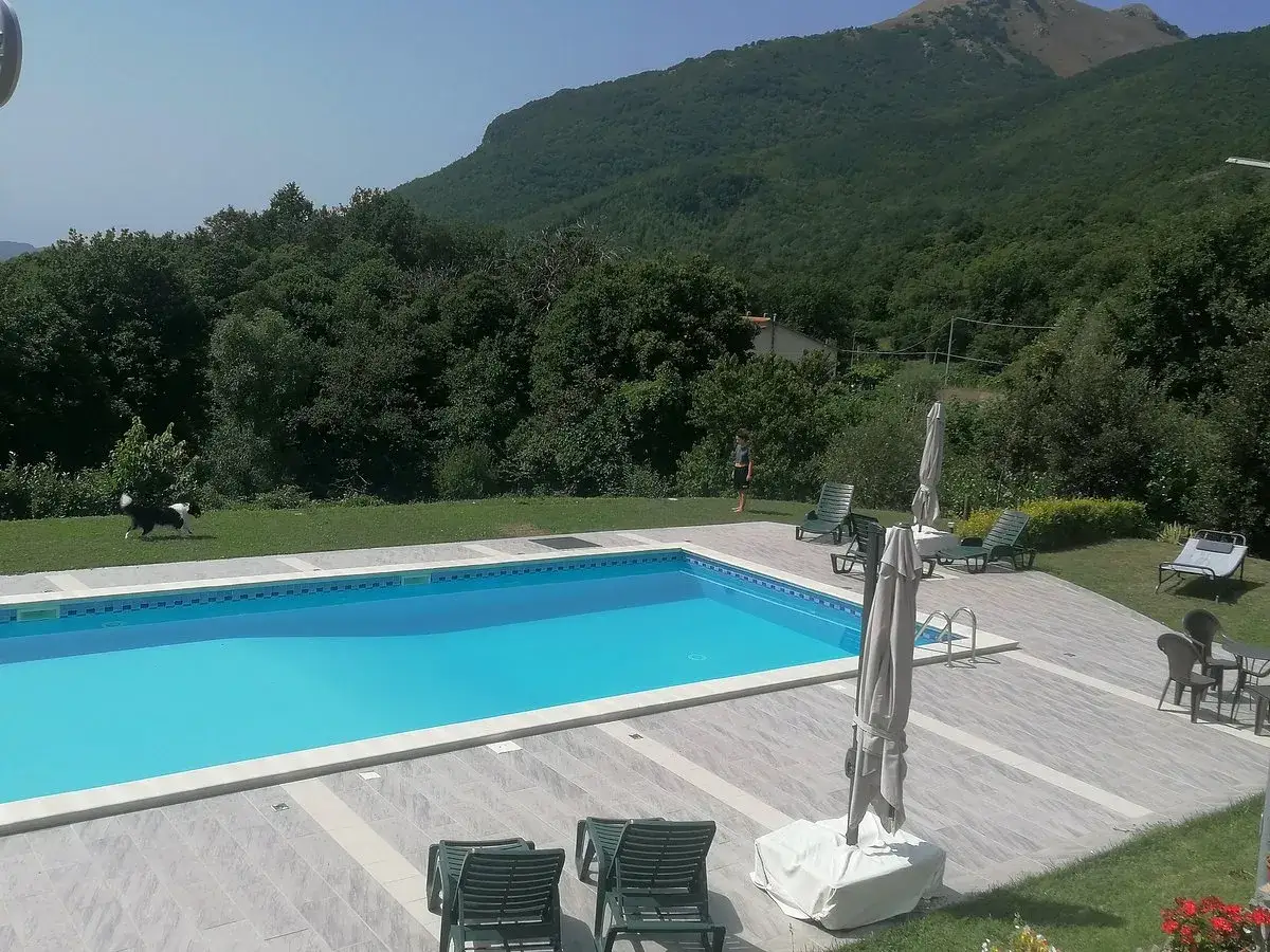 Piscine d'un agriturismo en Calabre, avec un chien courant sur la pelouse et une montagne en arrière-plan.