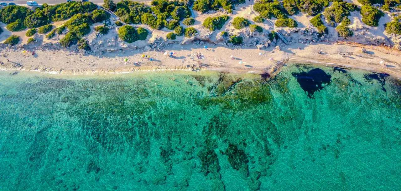 Plage de sable fin et eaux turquoise à Gallipoli, Pouilles. Des parasols et des baigneurs profitent du soleil.