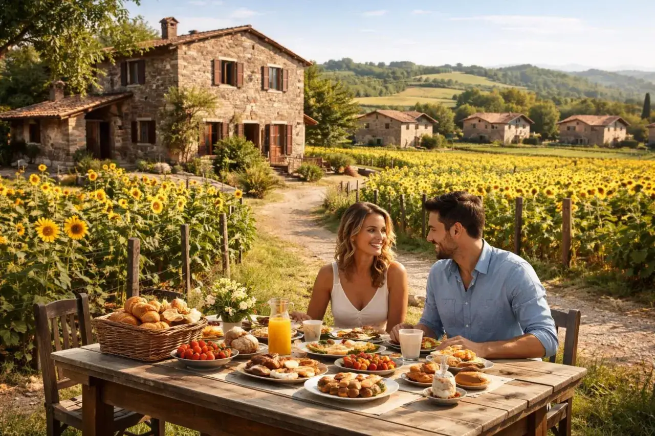 Un couple savoure un repas en plein air devant une maison en pierre, entouré de champs de tournesols. Un cadre idyllique, l'équivalent d'un gîte de France en Italie.