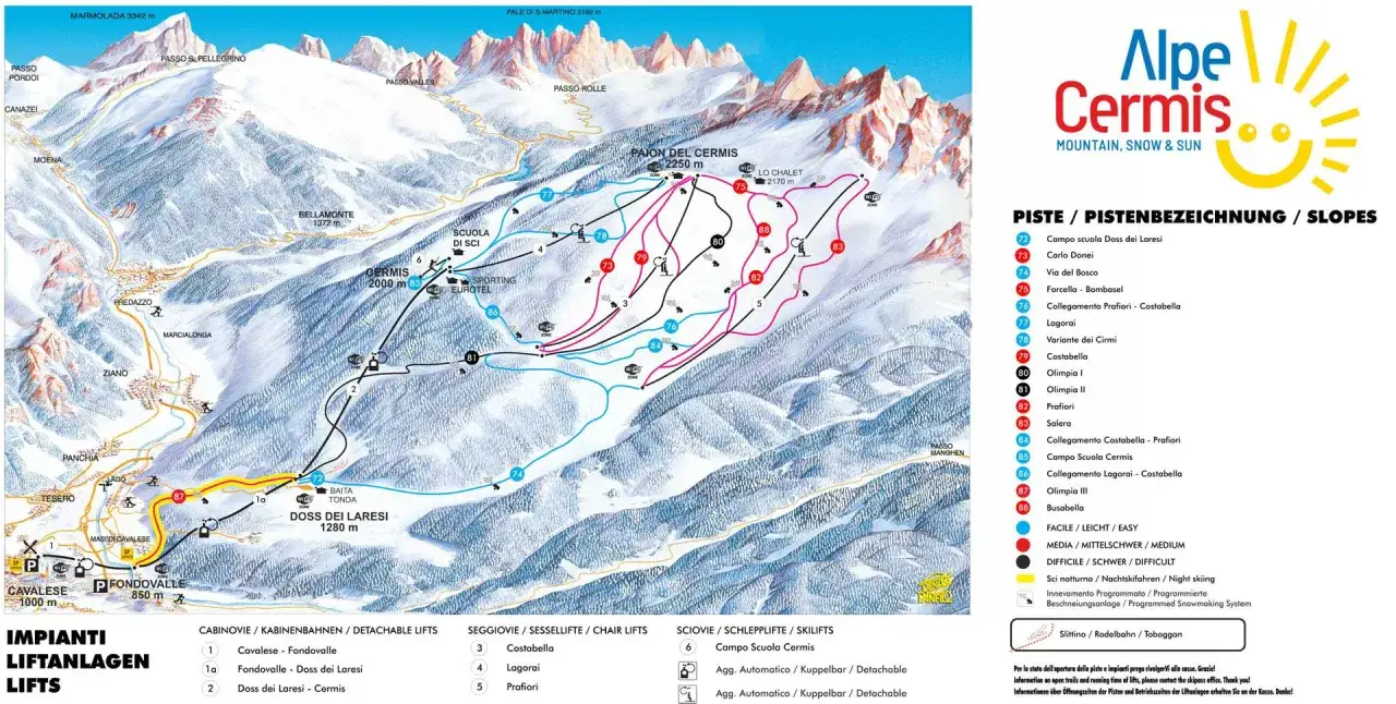 Carte des pistes de ski d'Alpe Cermis, en Italie, avec les noms des villages comme Cavalese.